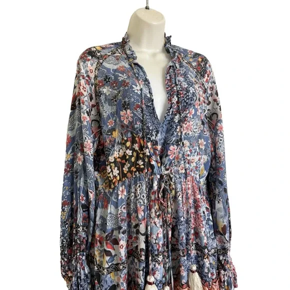 NEW Hemant & Nandita Blue Floral Mini Dress Boho Bohemian Peasant Long Sleeve M - Picture 5 of 15